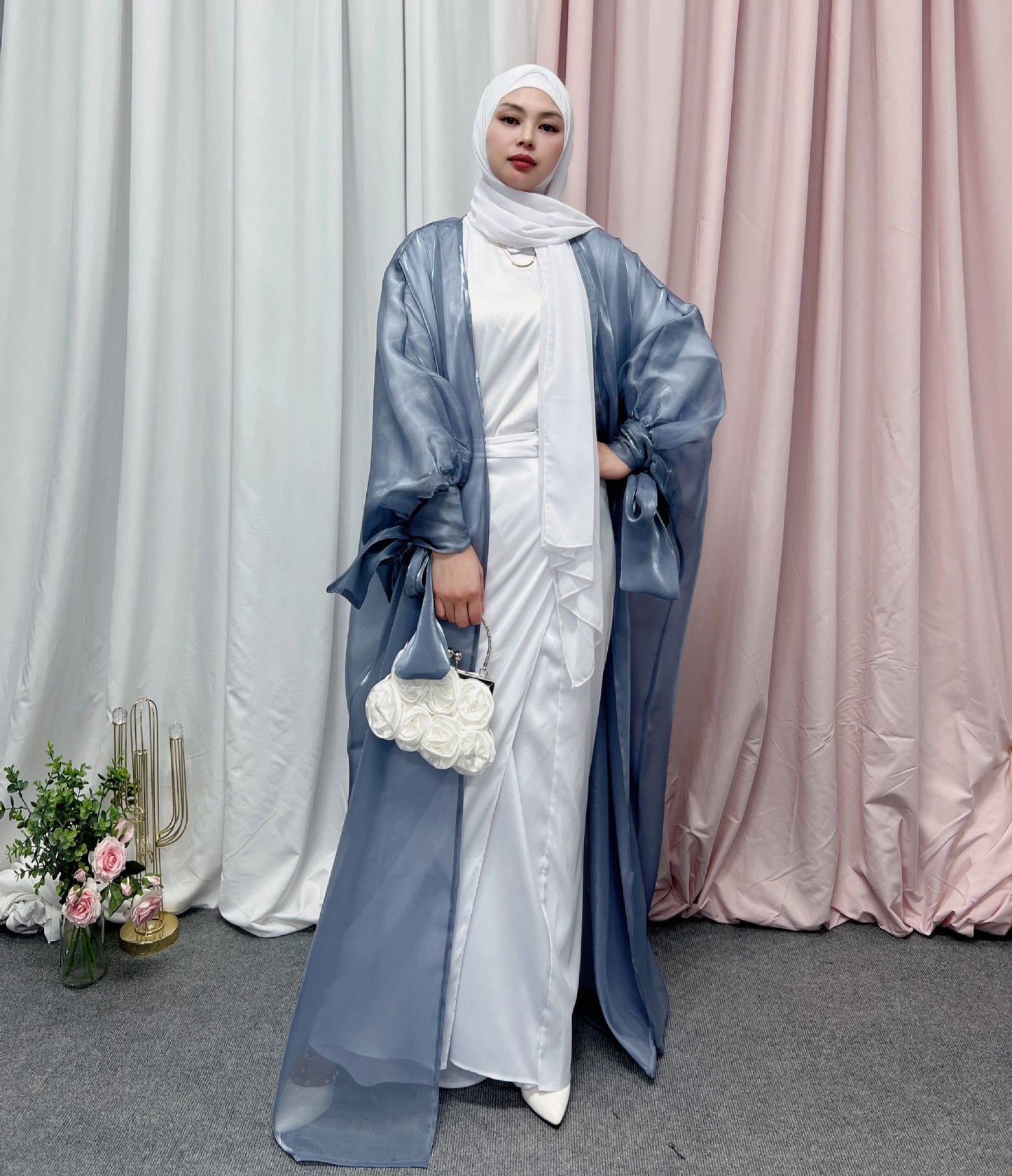 #496 Open abaya orgenza material bubble sleeve