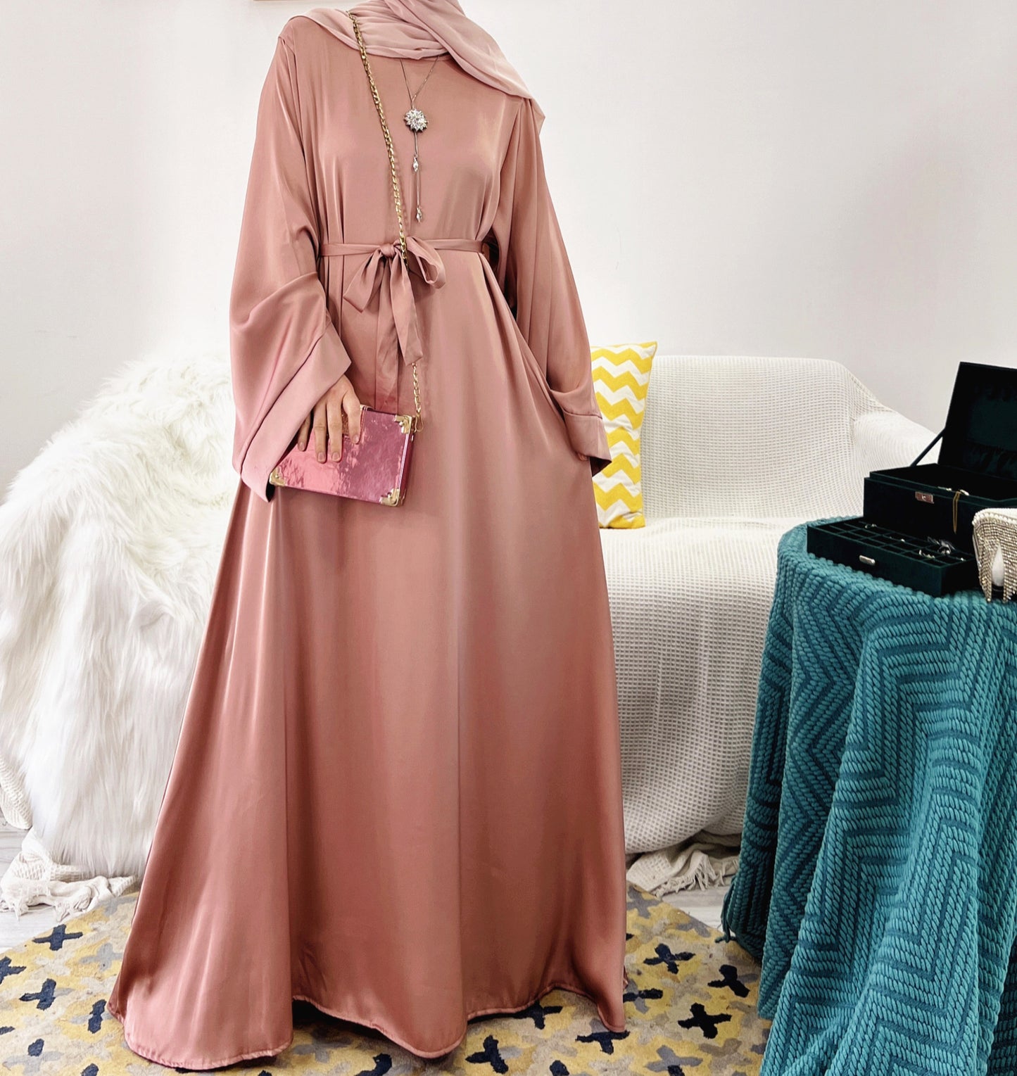 #503 Satin closed abaya with hijabs