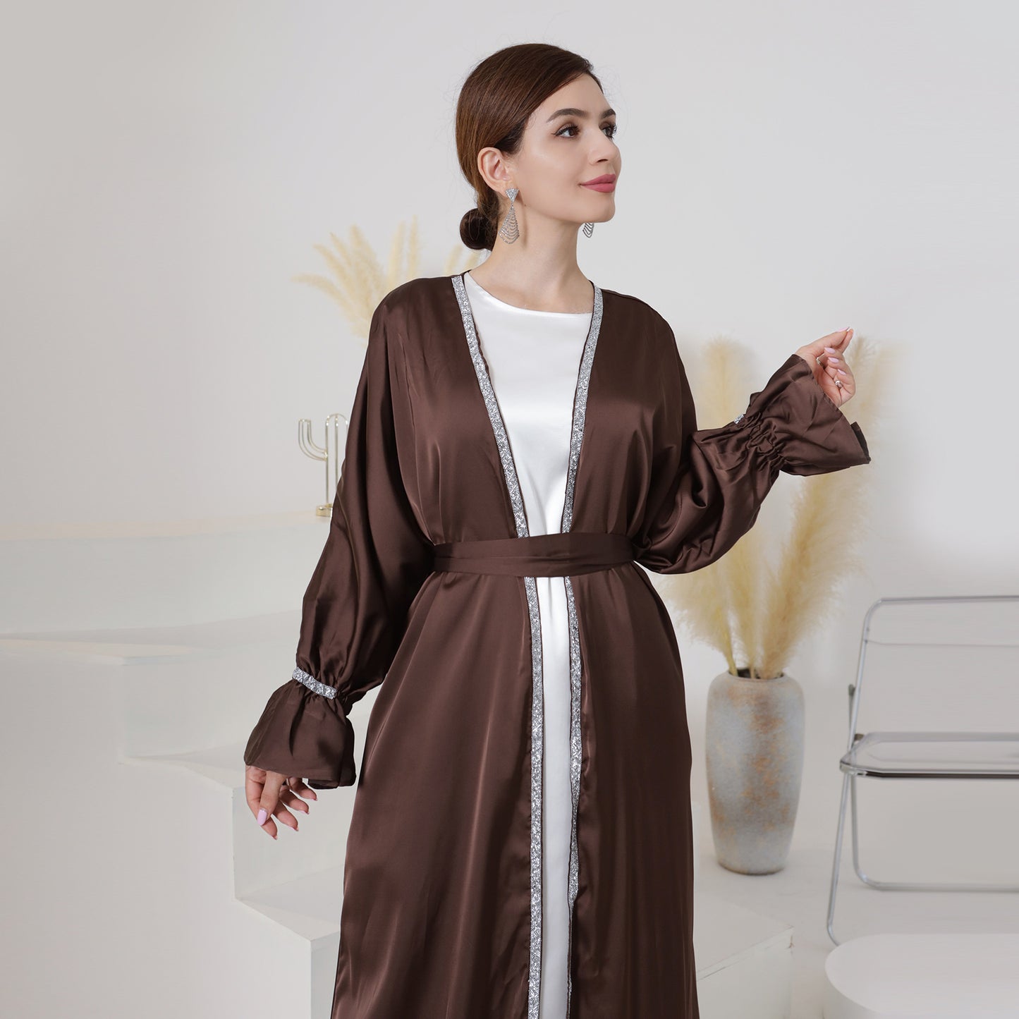 #633 2pcs satin abaya set with inner dress with diamond design