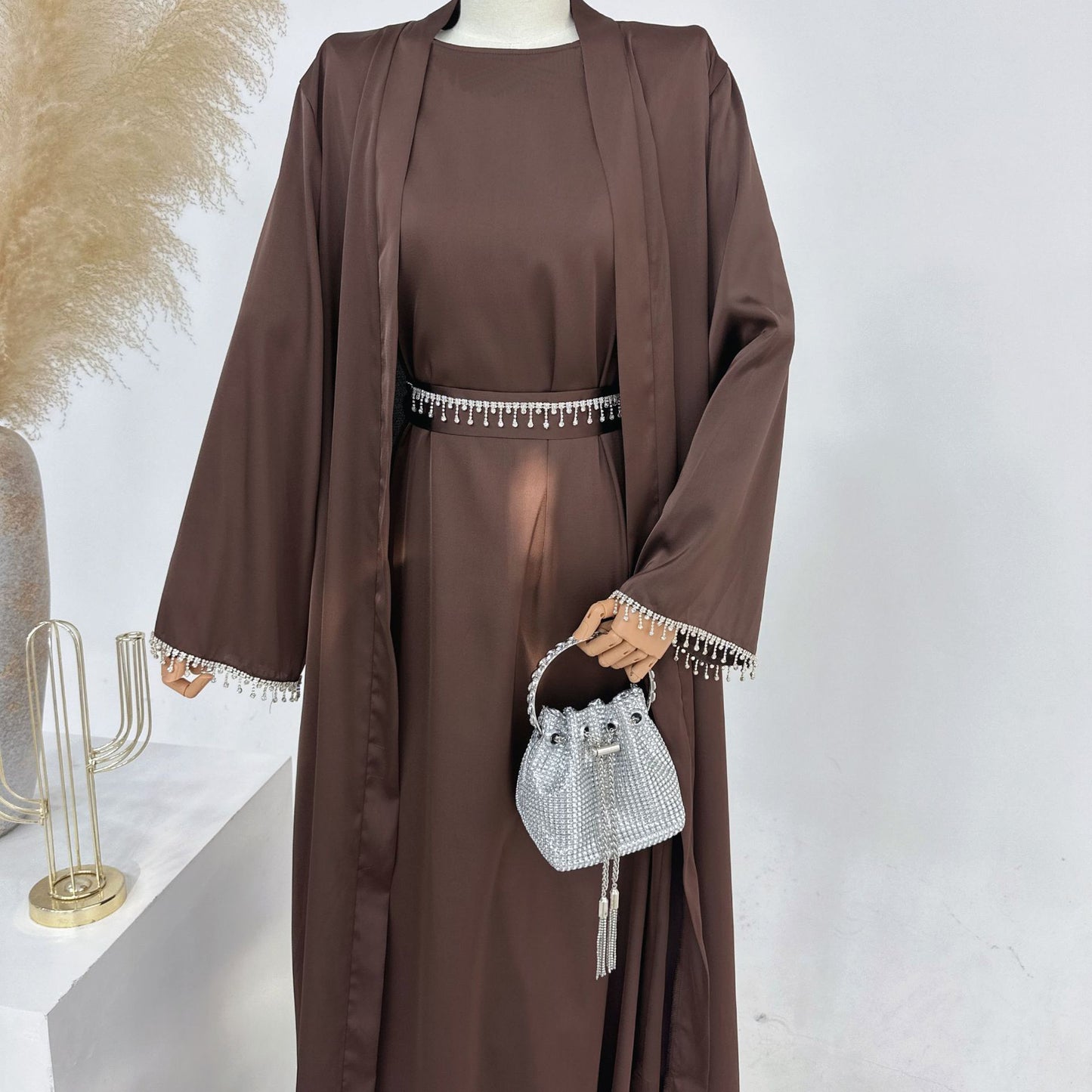 #627 2pcs satin abaya sets with arm and waist belt diamond chain