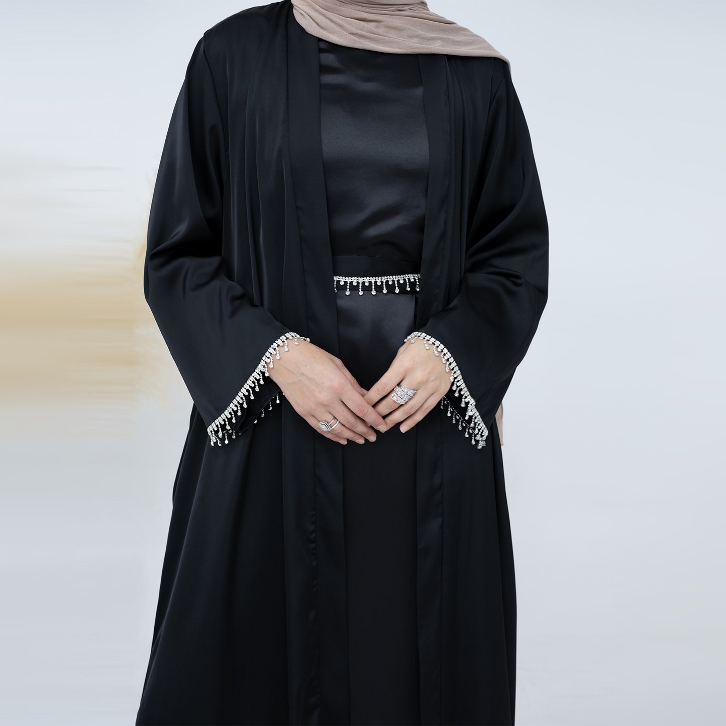 #627 2pcs satin abaya sets with arm and waist belt diamond chain