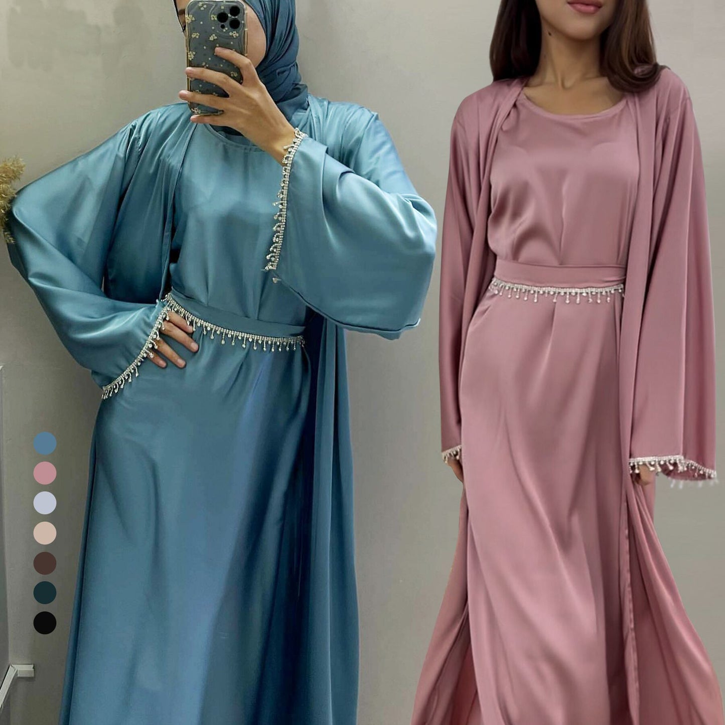 #627 2pcs satin abaya sets with arm and waist belt diamond chain