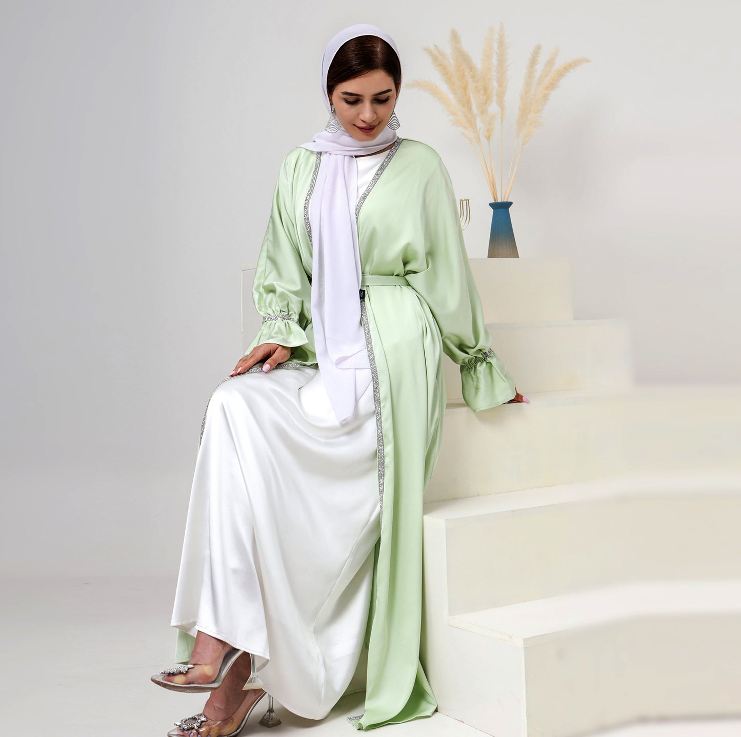 #633 2pcs satin abaya set with inner dress with diamond design