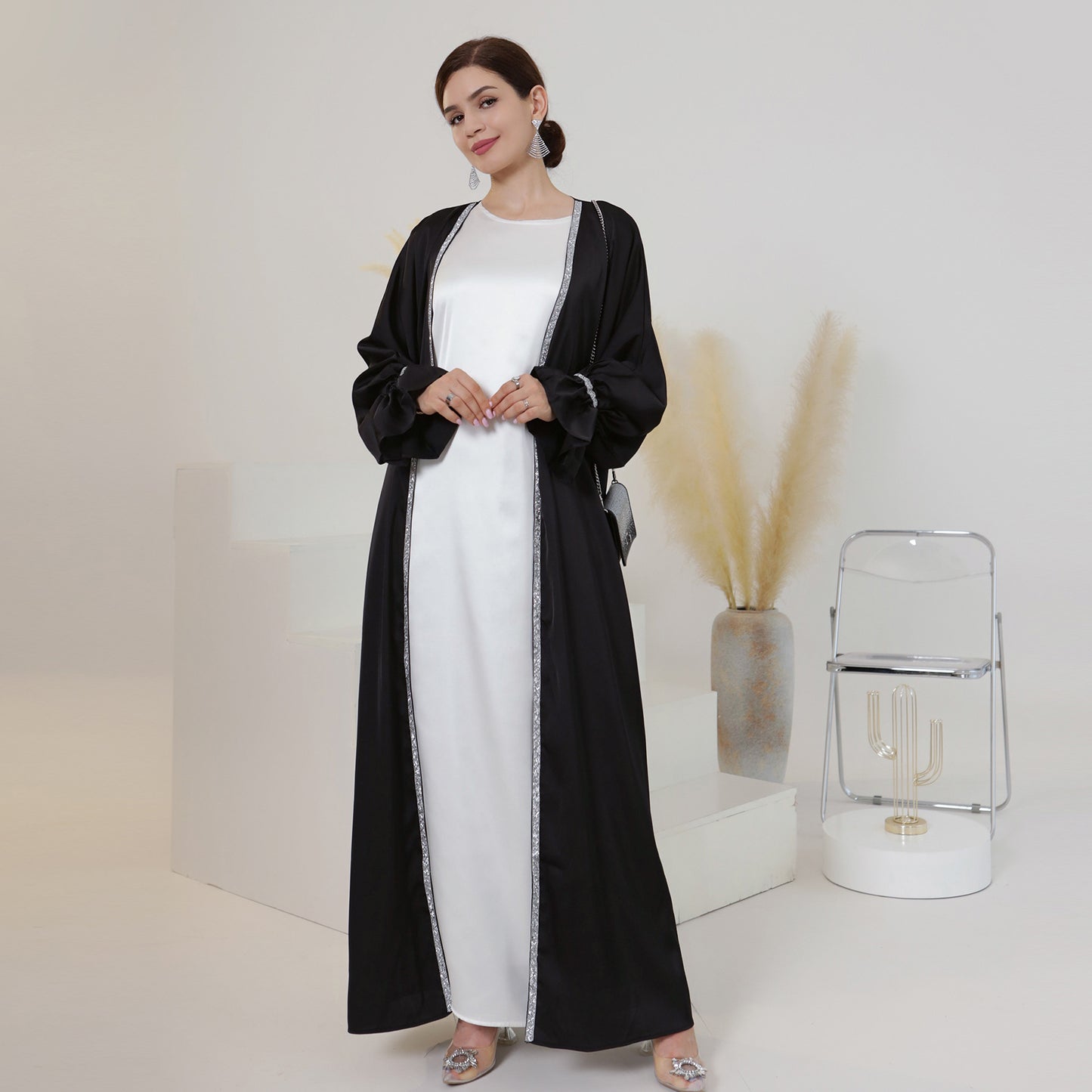 #633 2pcs satin abaya set with inner dress with diamond design