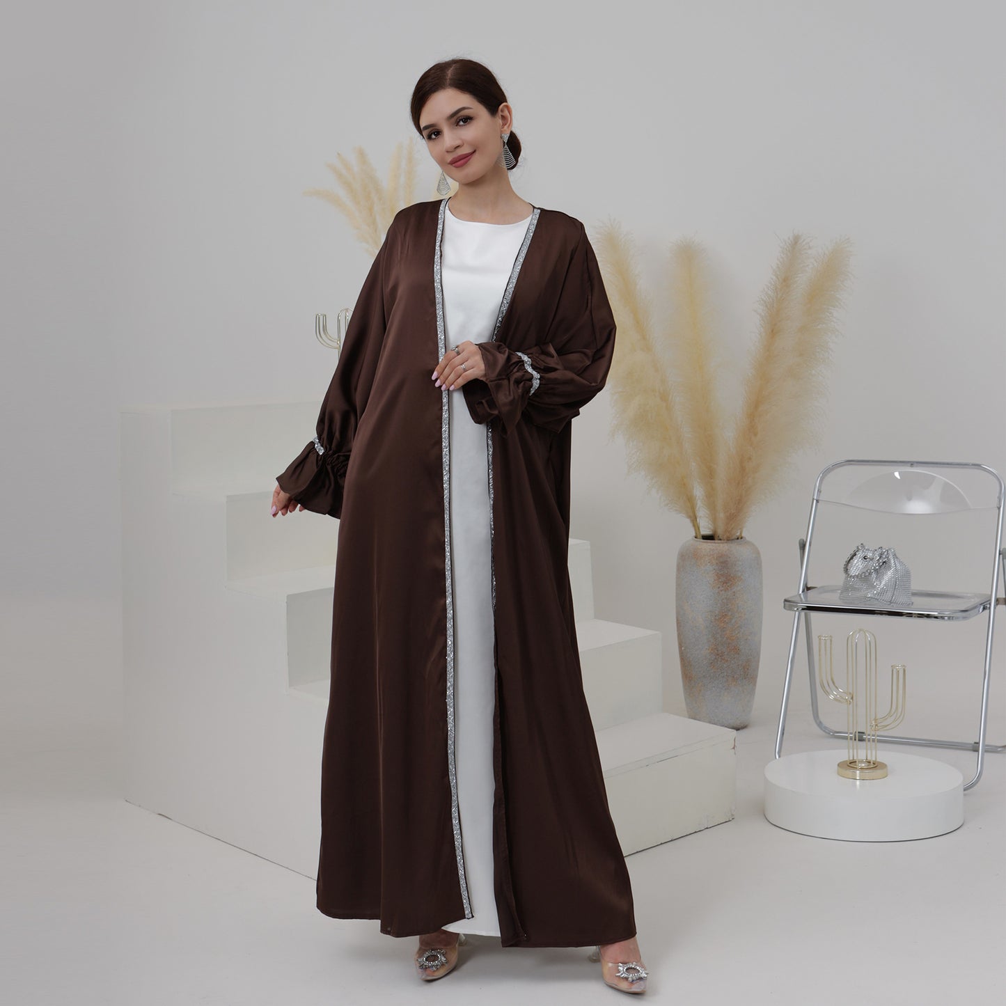 #633 2pcs satin abaya set with inner dress with diamond design