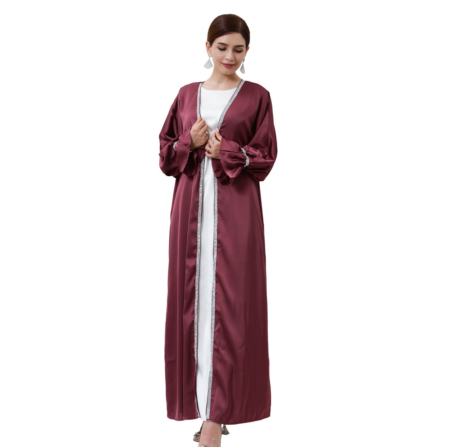 #633 2pcs satin abaya set with inner dress with diamond design