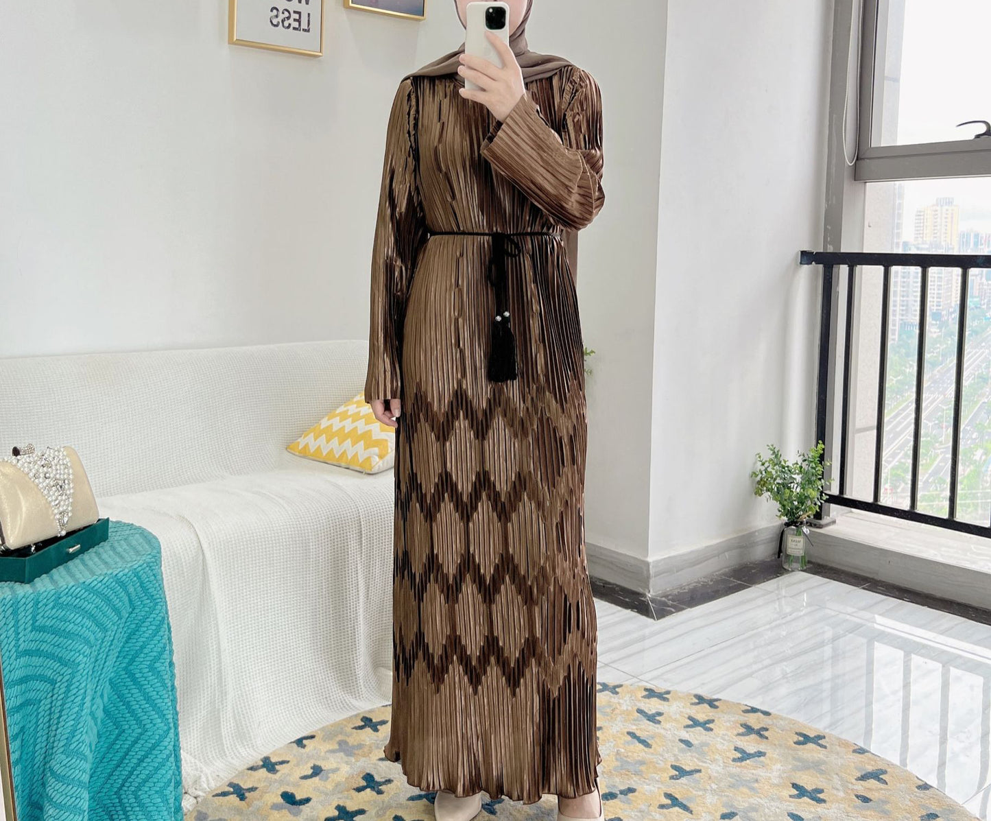 #520 women lady dress beautiful abaya Brown Navy