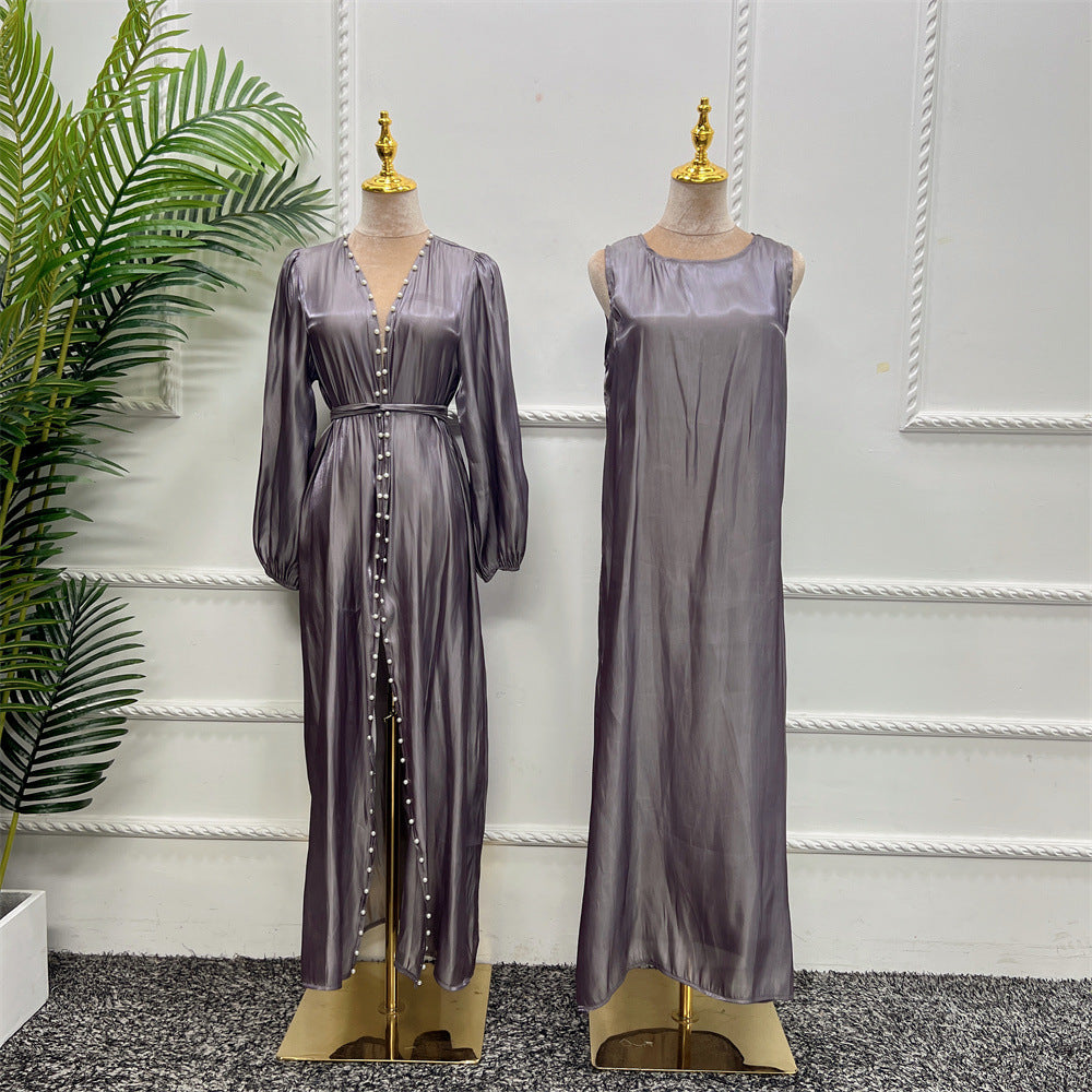 #587 2pcs abaya set with pearl bubble sleeve rayon silk material