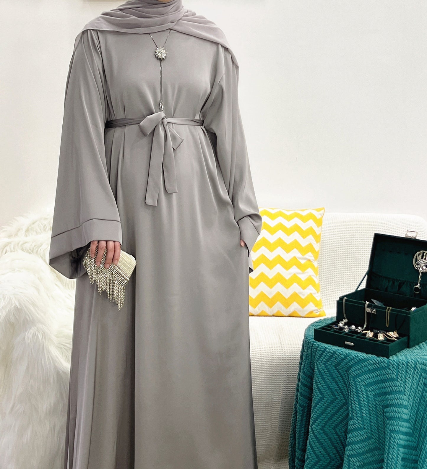 #503 Satin closed abaya with hijabs