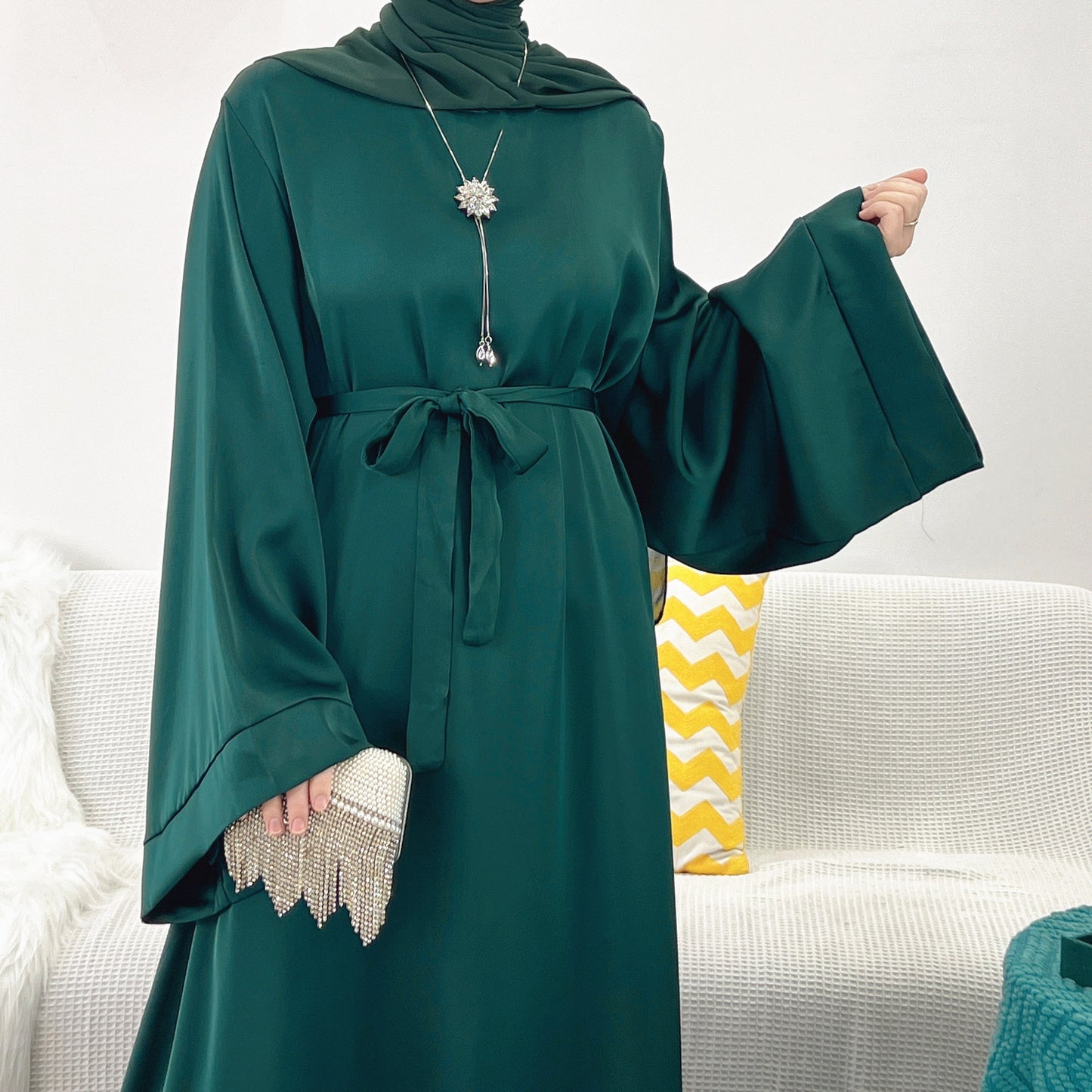 #503 Satin closed abaya with hijabs