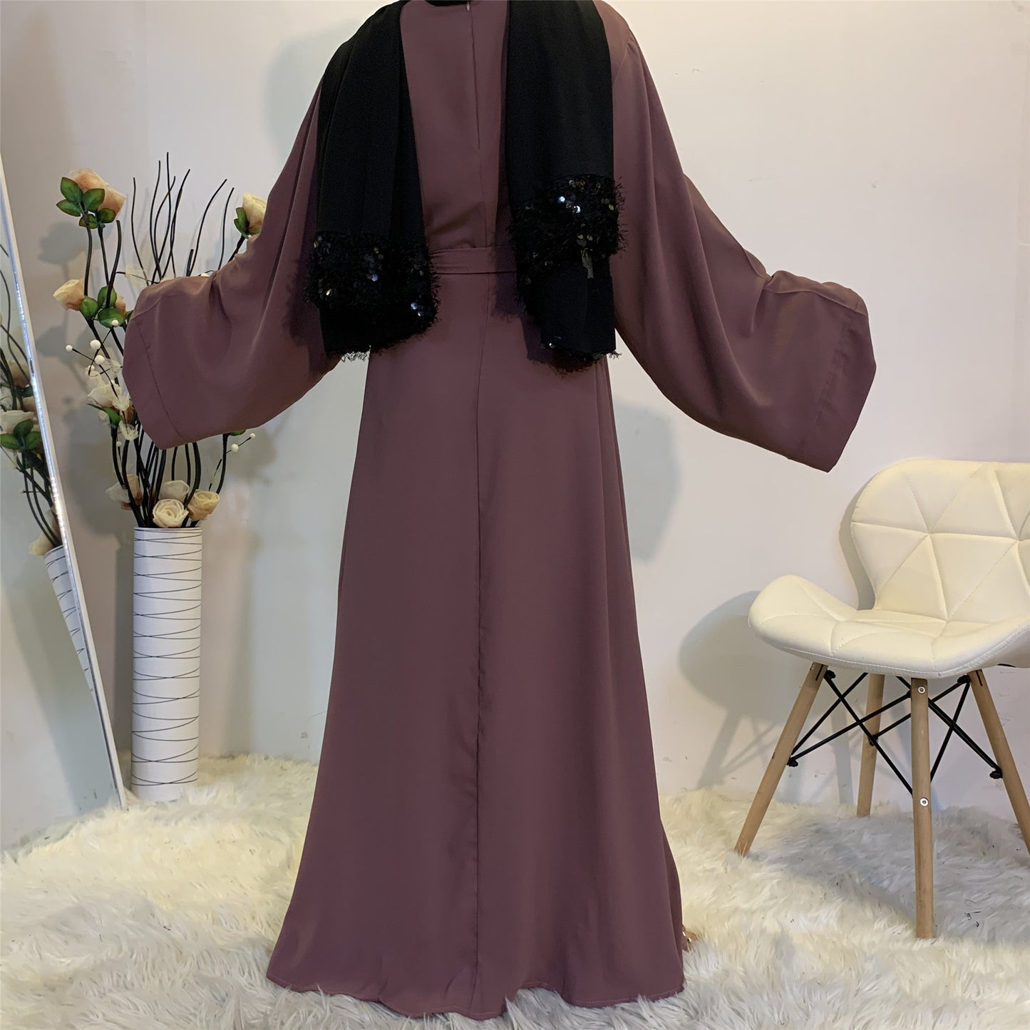 #6394 Solid Color Closed Abaya Loose+Belt