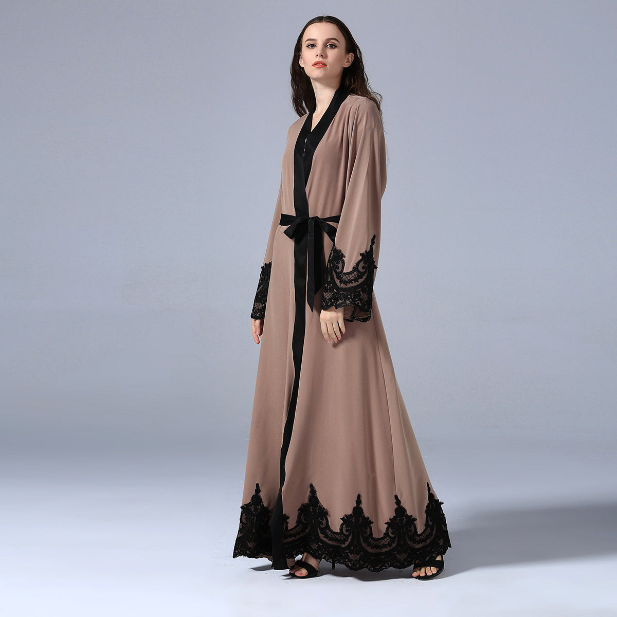 #1545 Black Lace Embroidery Open Abaya