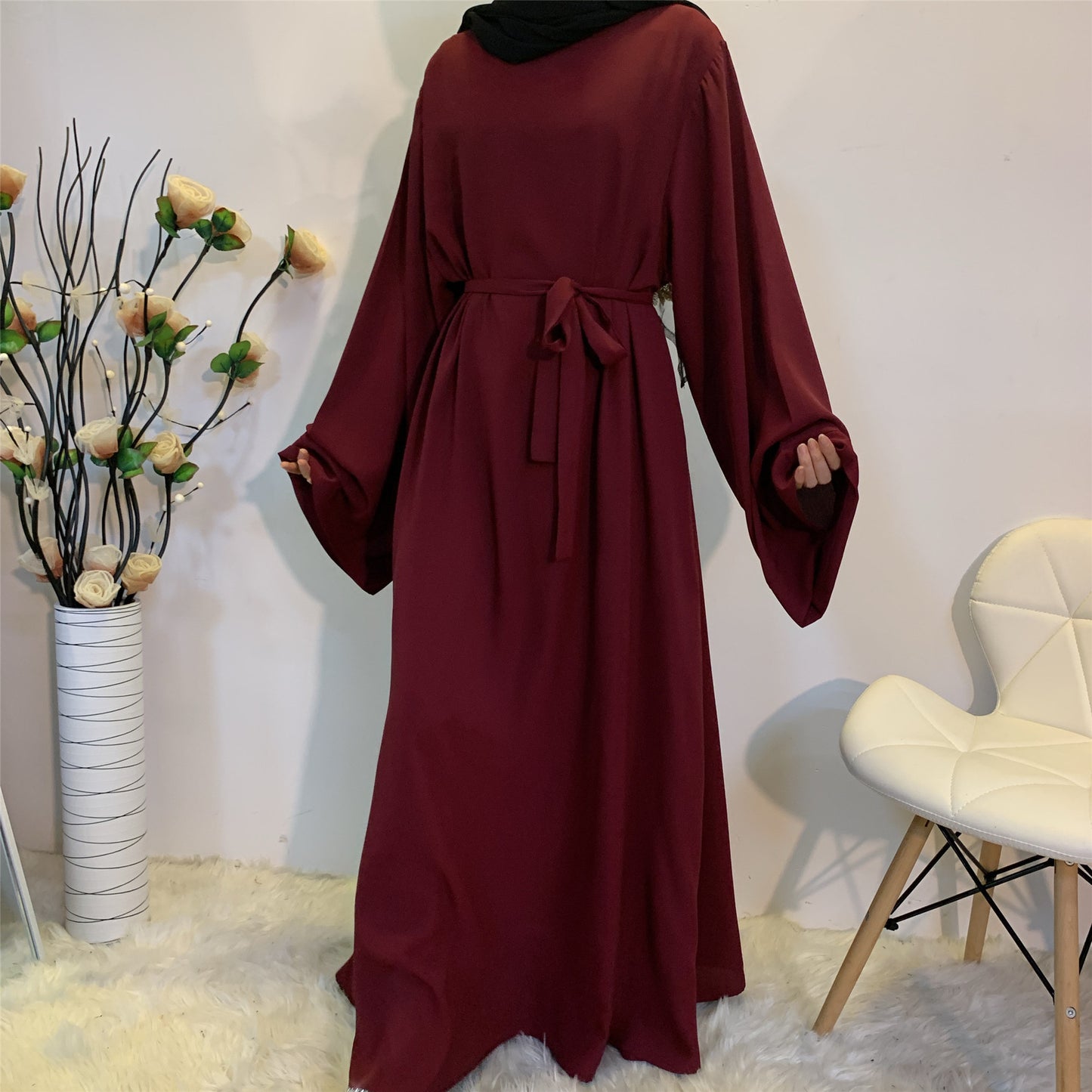 #6394 Solid Color Closed Abaya Loose+Belt