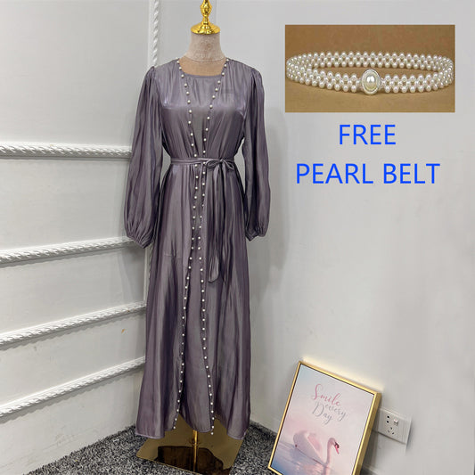 #587 2pcs abaya set with pearl bubble sleeve rayon silk material