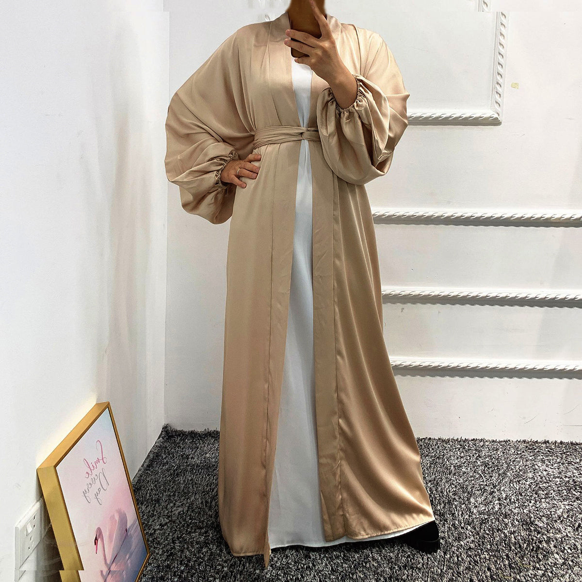 #431 bubble sleeved cardigan satin open abaya with belt