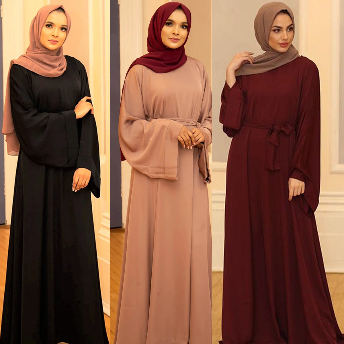 #6394 Solid Color Closed Abaya Loose+Belt