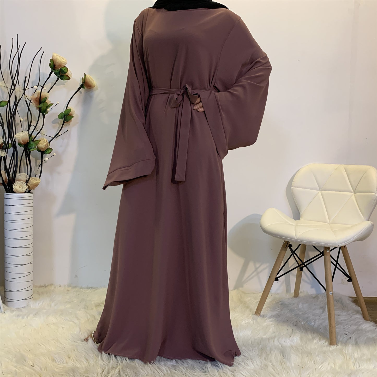 #6394 Solid Color Closed Abaya Loose+Belt