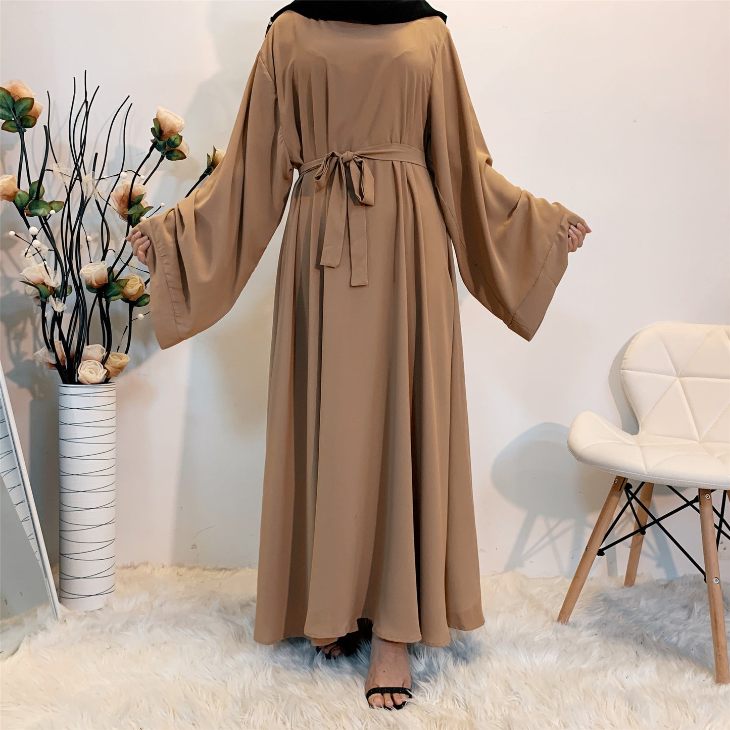 #6394 Solid Color Closed Abaya Loose+Belt