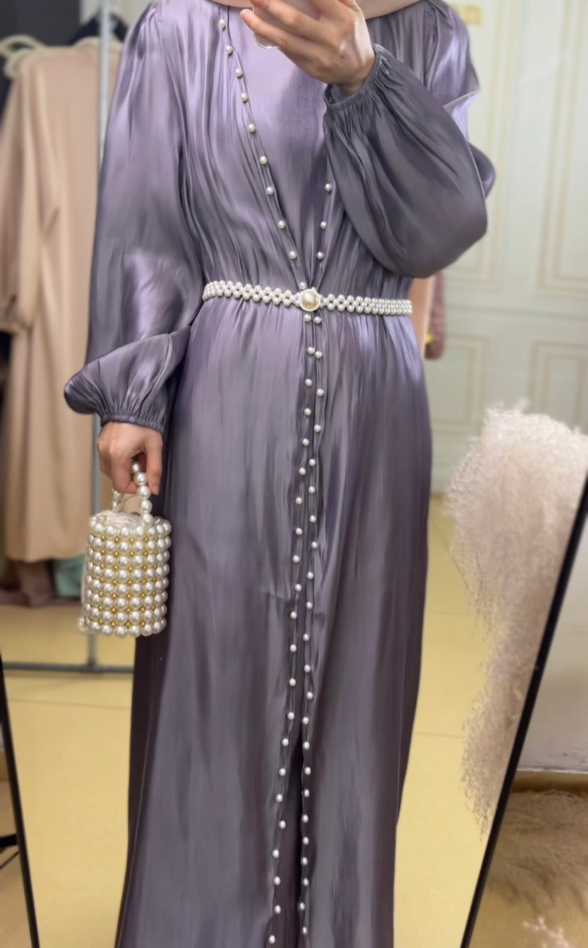 #587 2pcs abaya set with pearl bubble sleeve rayon silk material