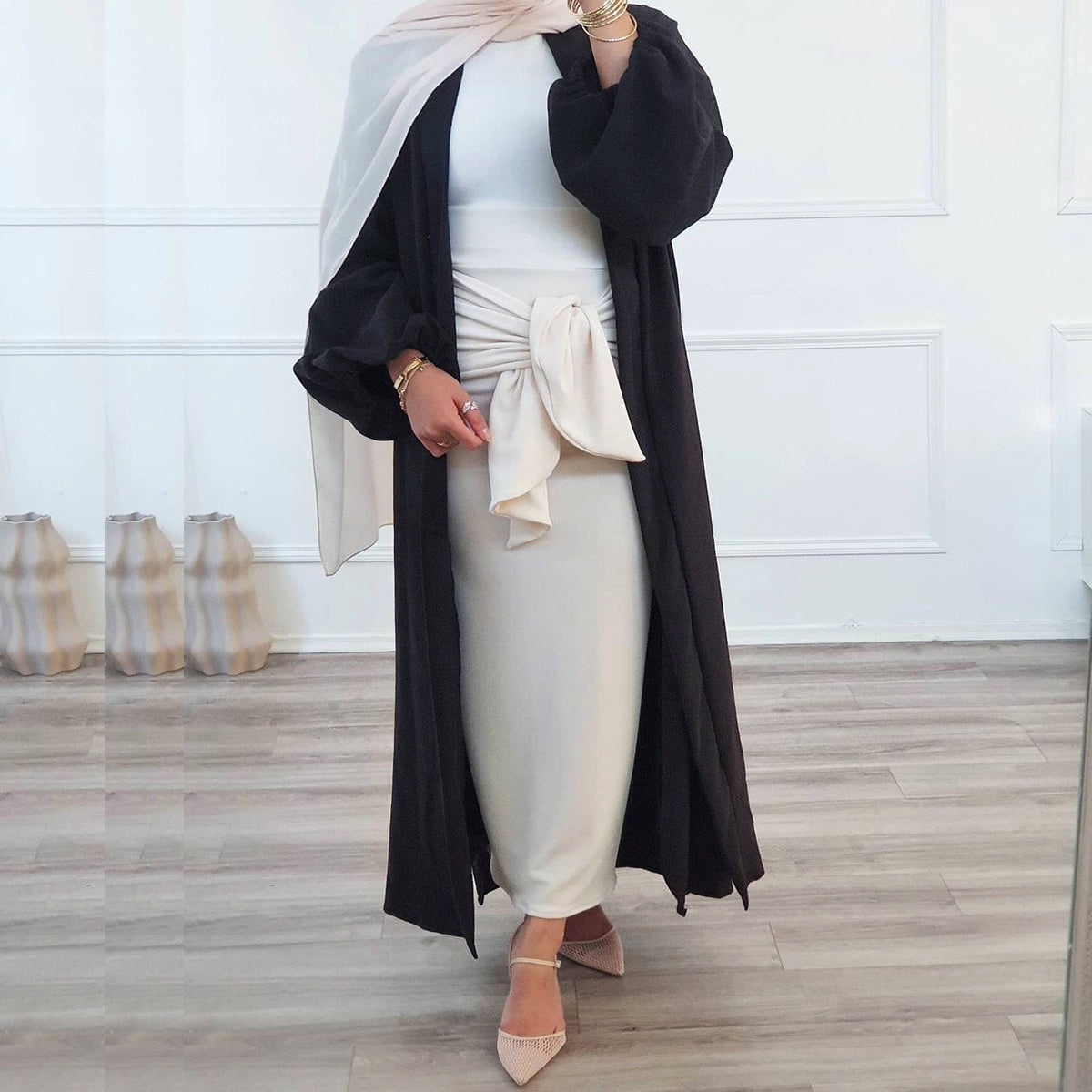 #431 bubble sleeved cardigan satin open abaya with belt