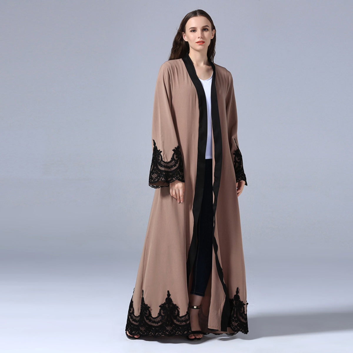 #1545 Black Lace Embroidery Open Abaya