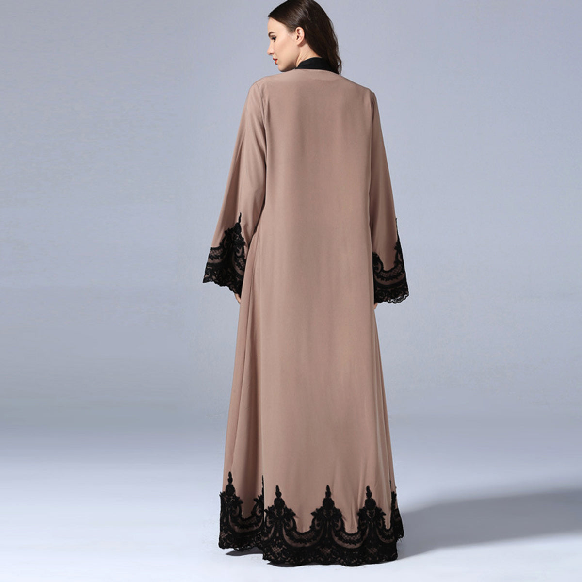 #1545 Black Lace Embroidery Open Abaya