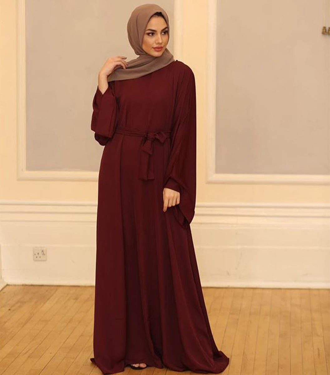 #6394 Solid Color Closed Abaya Loose+Belt