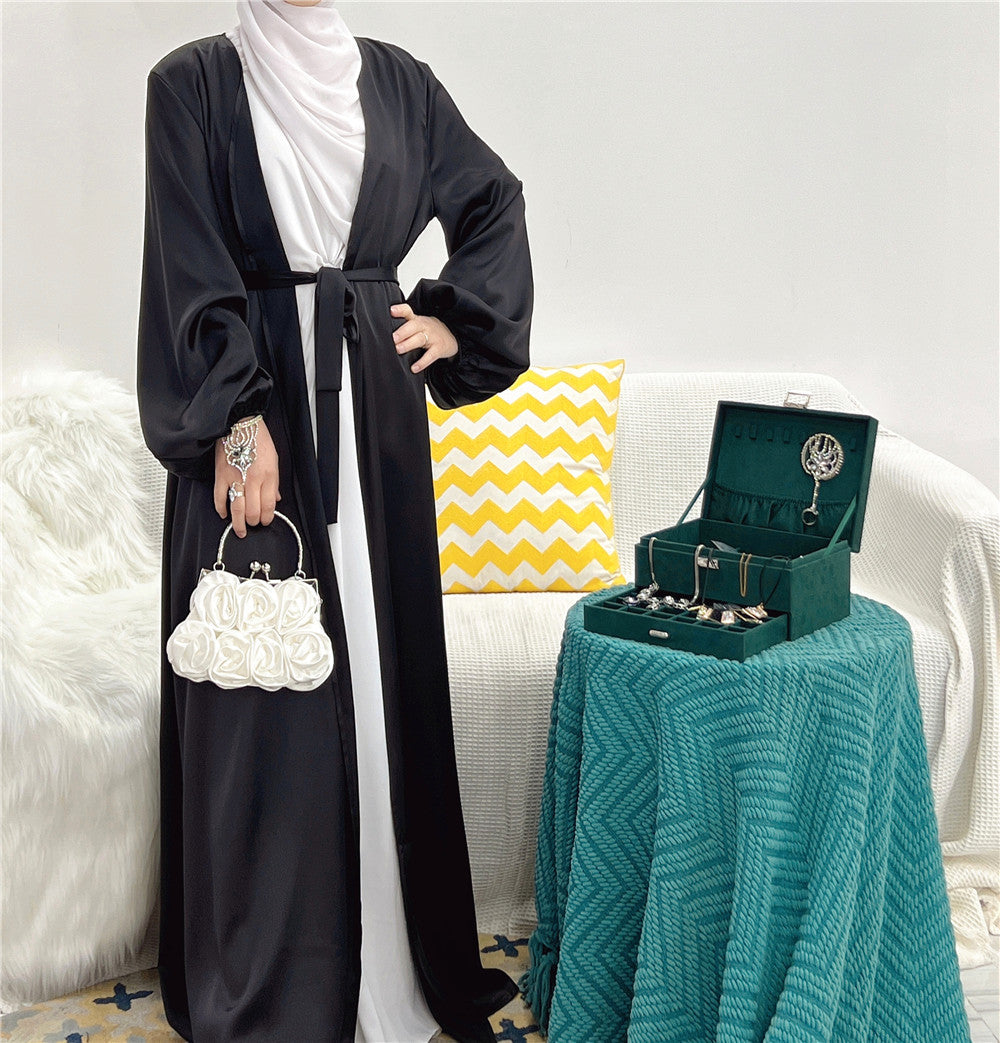 #507 satin open abaya with pocket