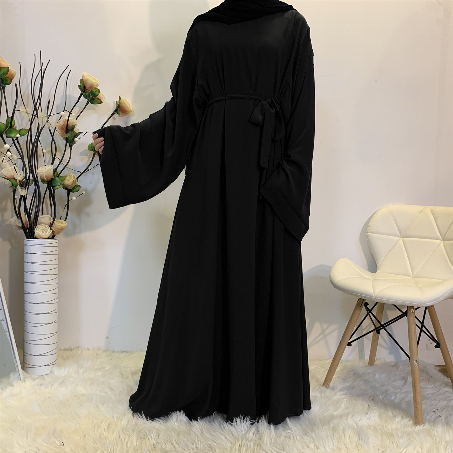 #6394 Solid Color Closed Abaya Loose+Belt