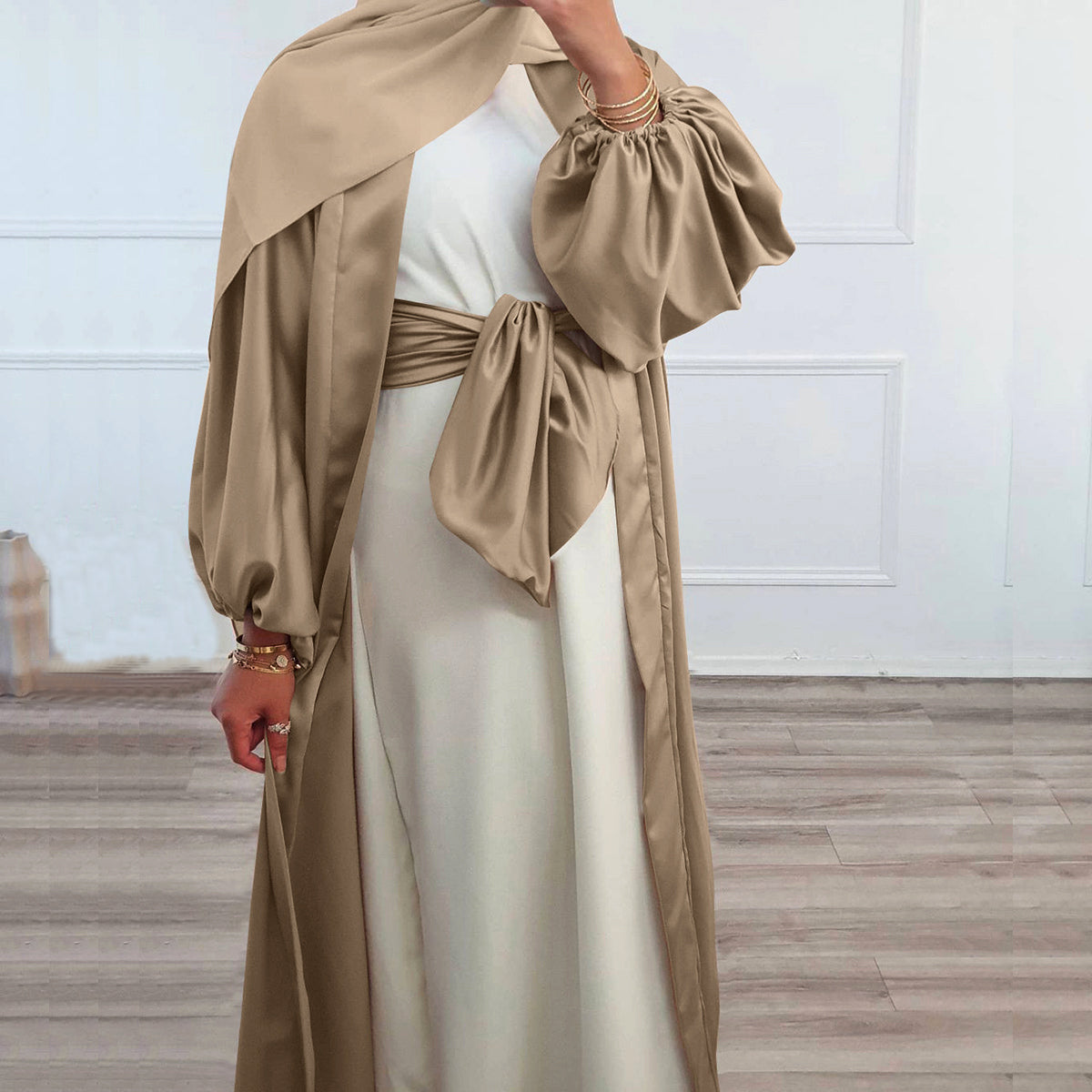 #431 bubble sleeved cardigan satin open abaya with belt