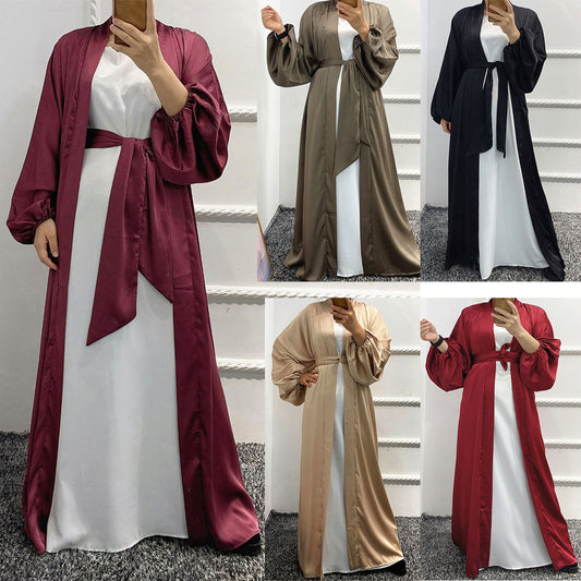 #431 bubble sleeved cardigan satin open abaya with belt