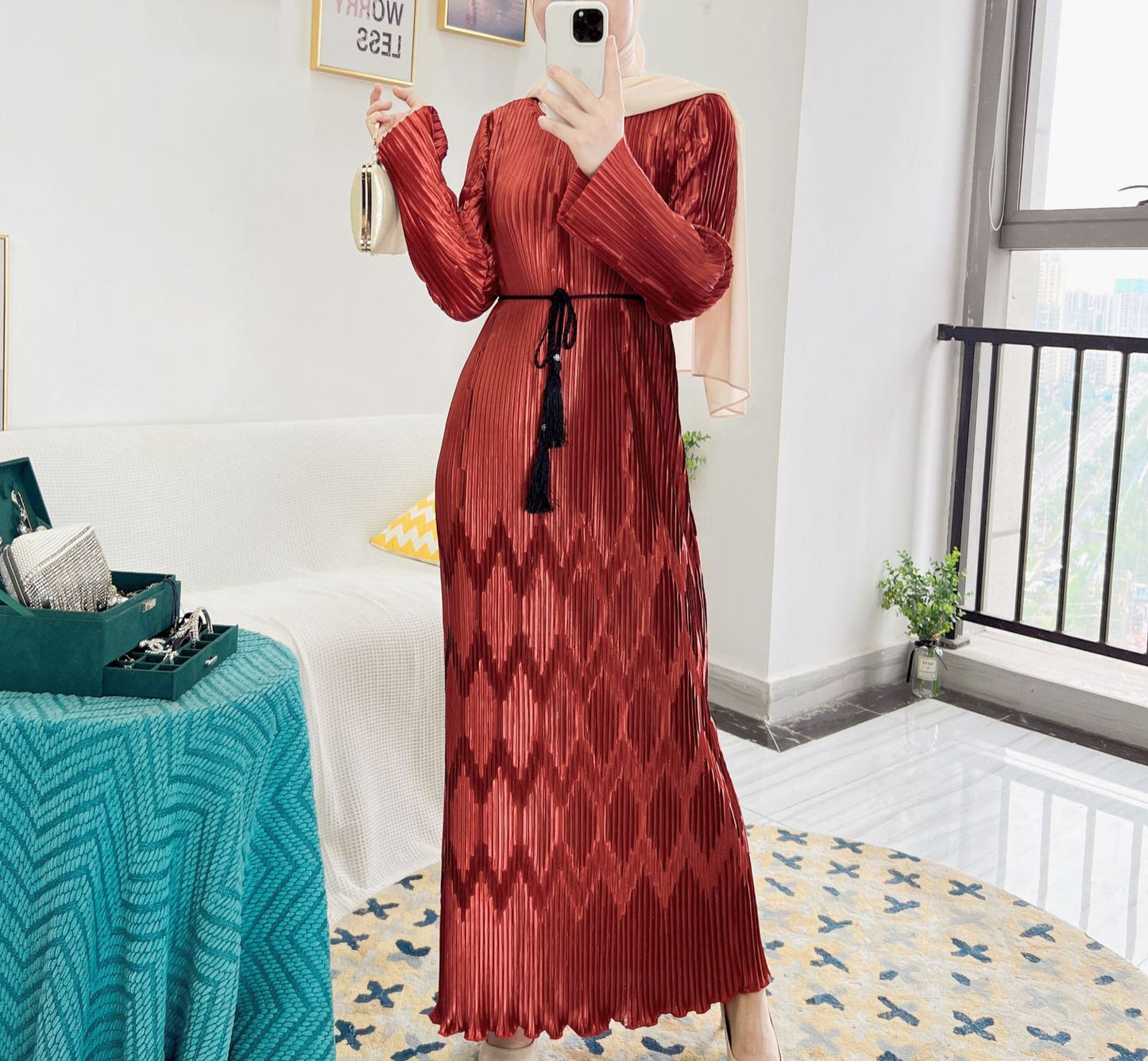 #520 women lady dress beautiful abaya Brown Navy