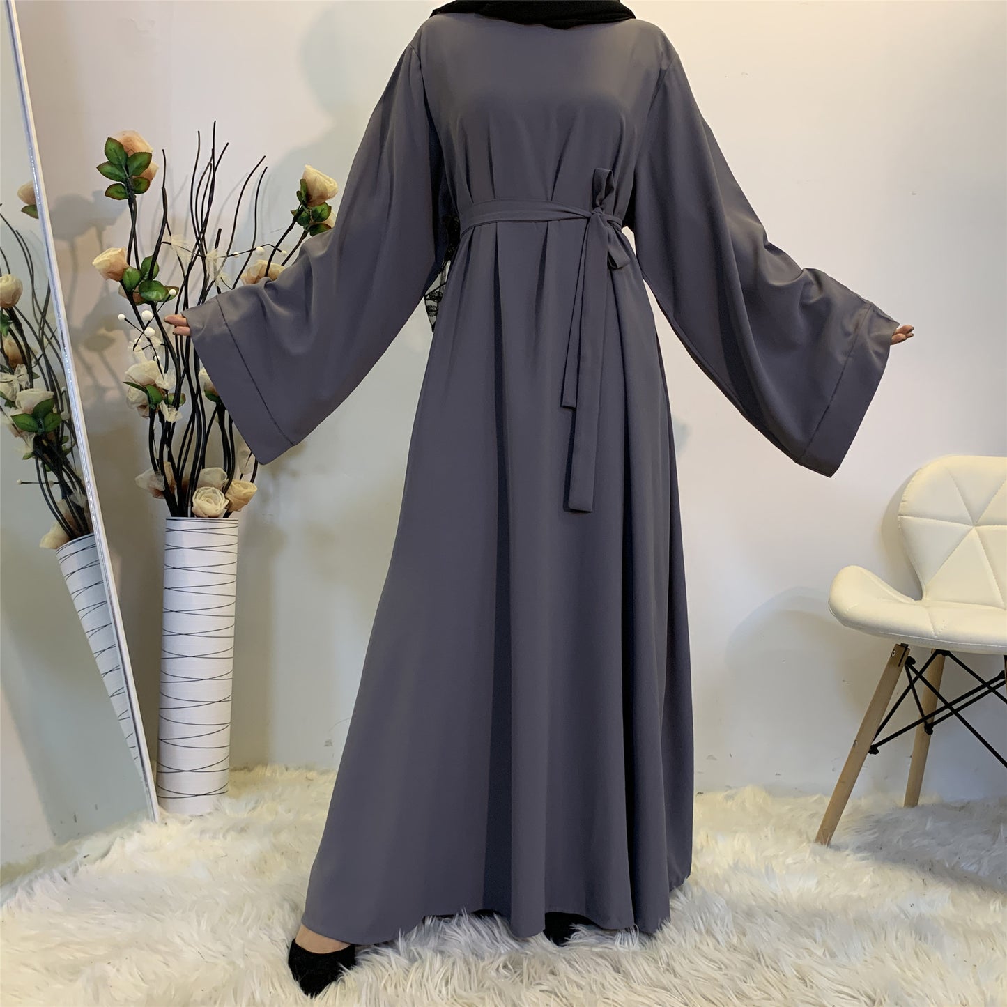 #6394 Solid Color Closed Abaya Loose+Belt