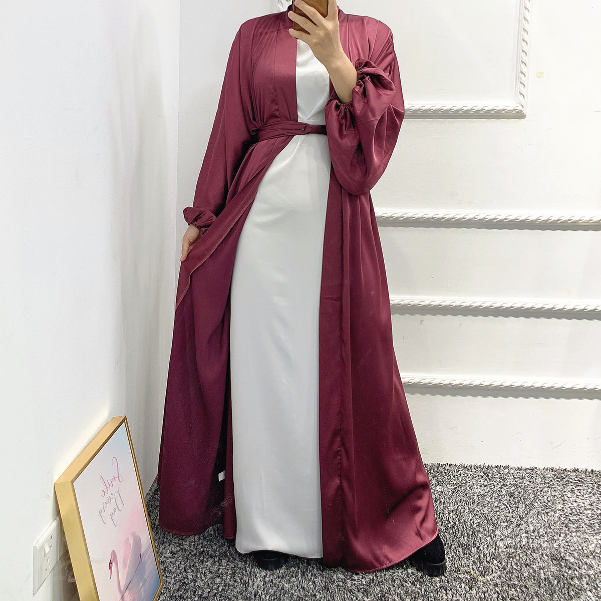 #431 bubble sleeved cardigan satin open abaya with belt