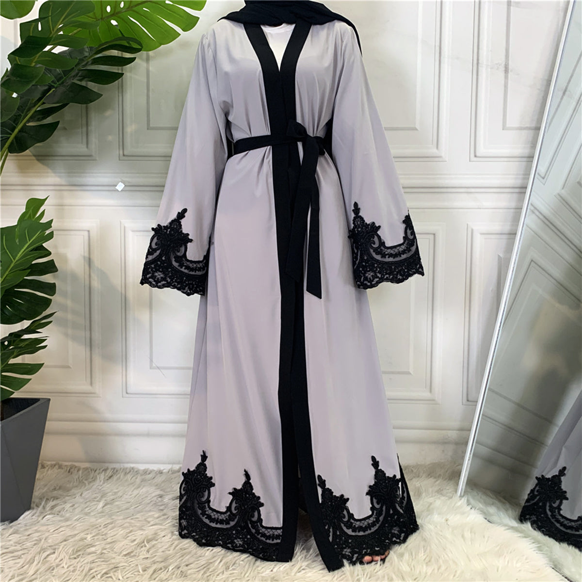 #1545 Black Lace Embroidery Open Abaya