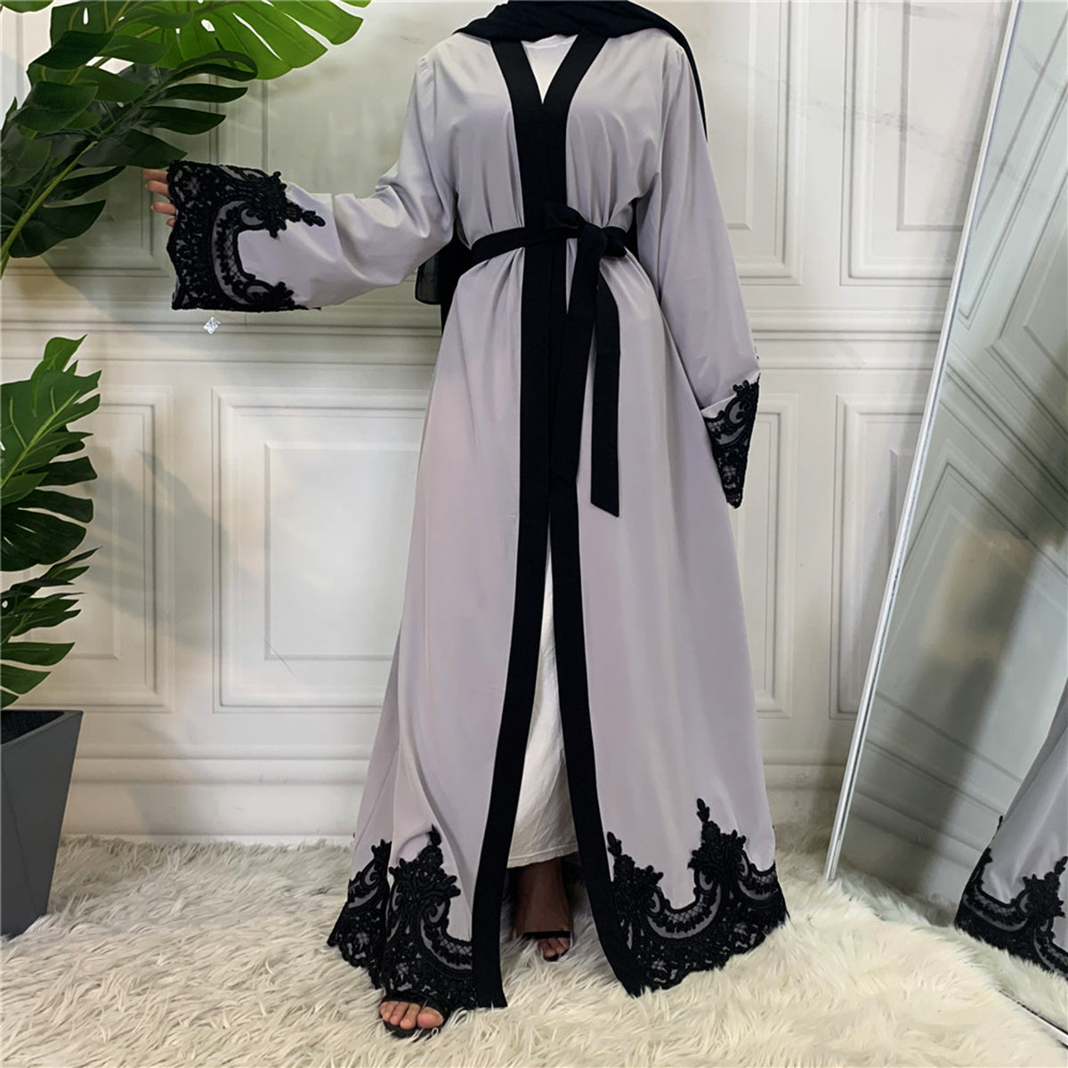 #1545 Black Lace Embroidery Open Abaya