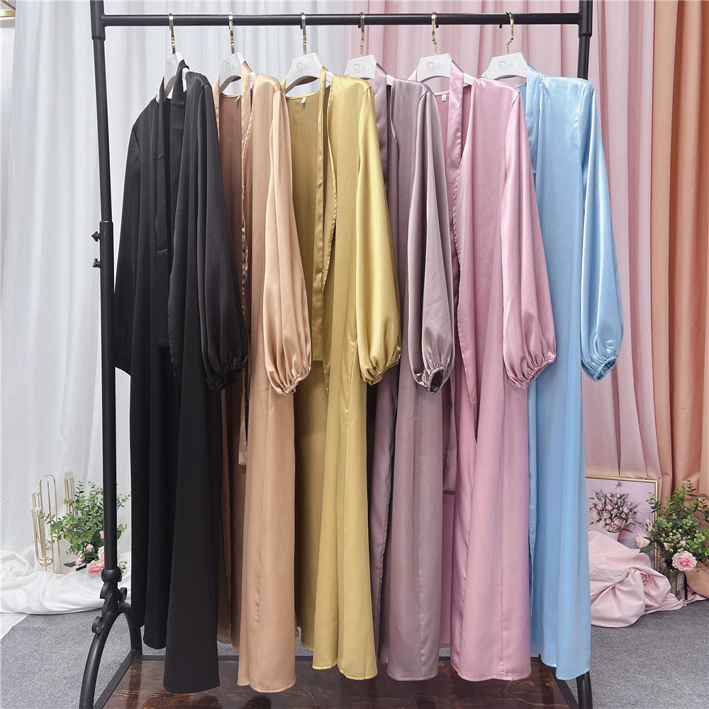 #507 satin open abaya with pocket