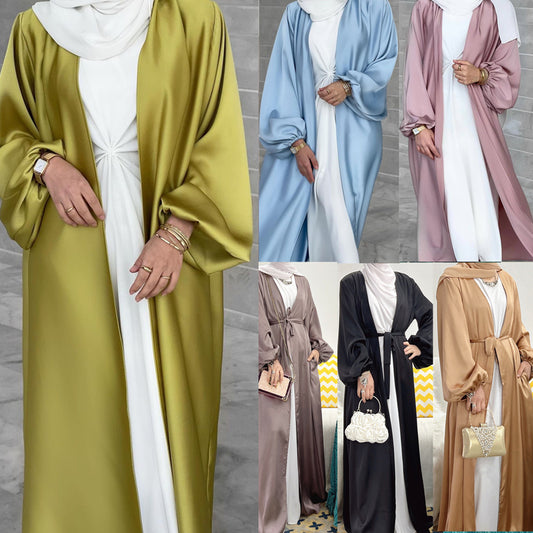 #507 satin open abaya with pocket