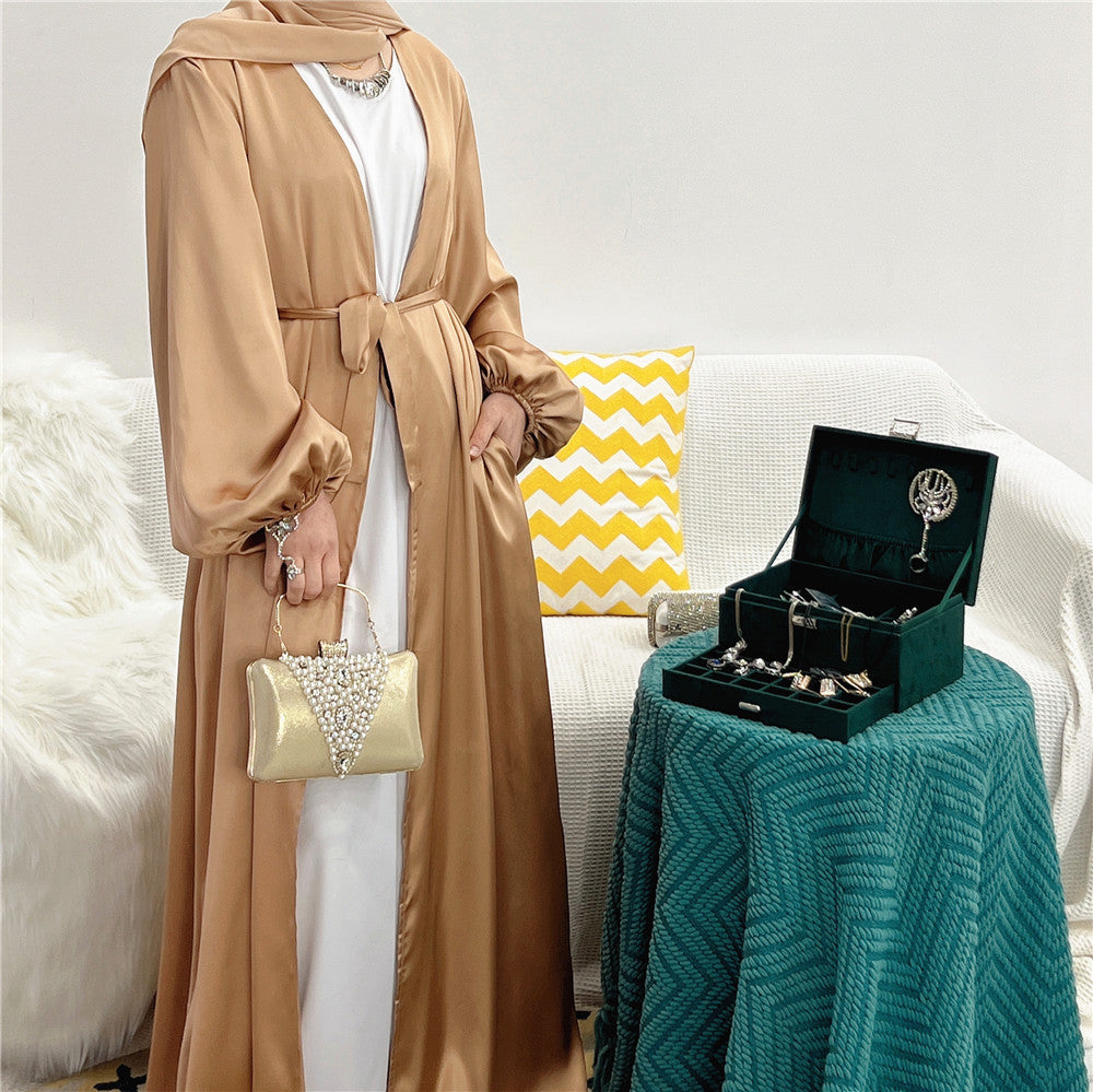 #507 satin open abaya with pocket