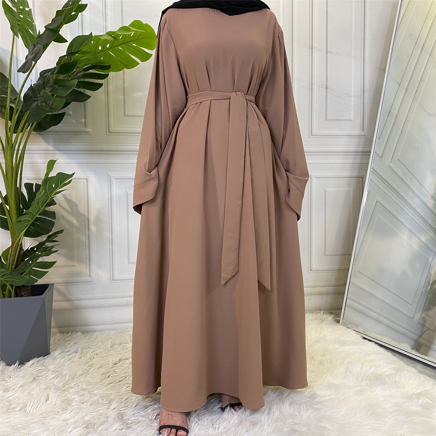 #6394 Solid Color Closed Abaya Loose+Belt