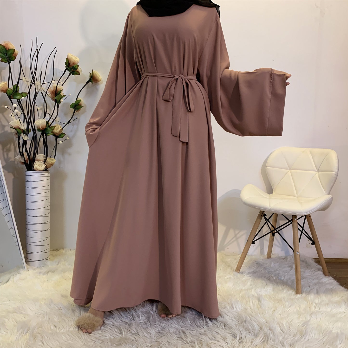 #6394 Solid Color Closed Abaya Loose+Belt