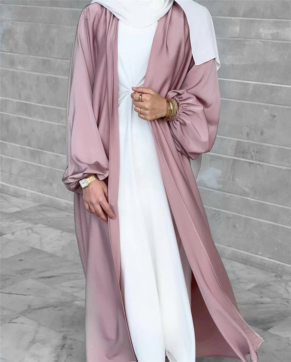 #507 satin open abaya with pocket